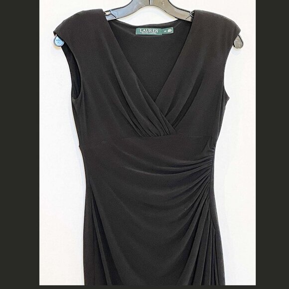 Lauren by Ralph Lauren Black Ruched Faux Wrap Dress Size 2P - Picture 4 of 9